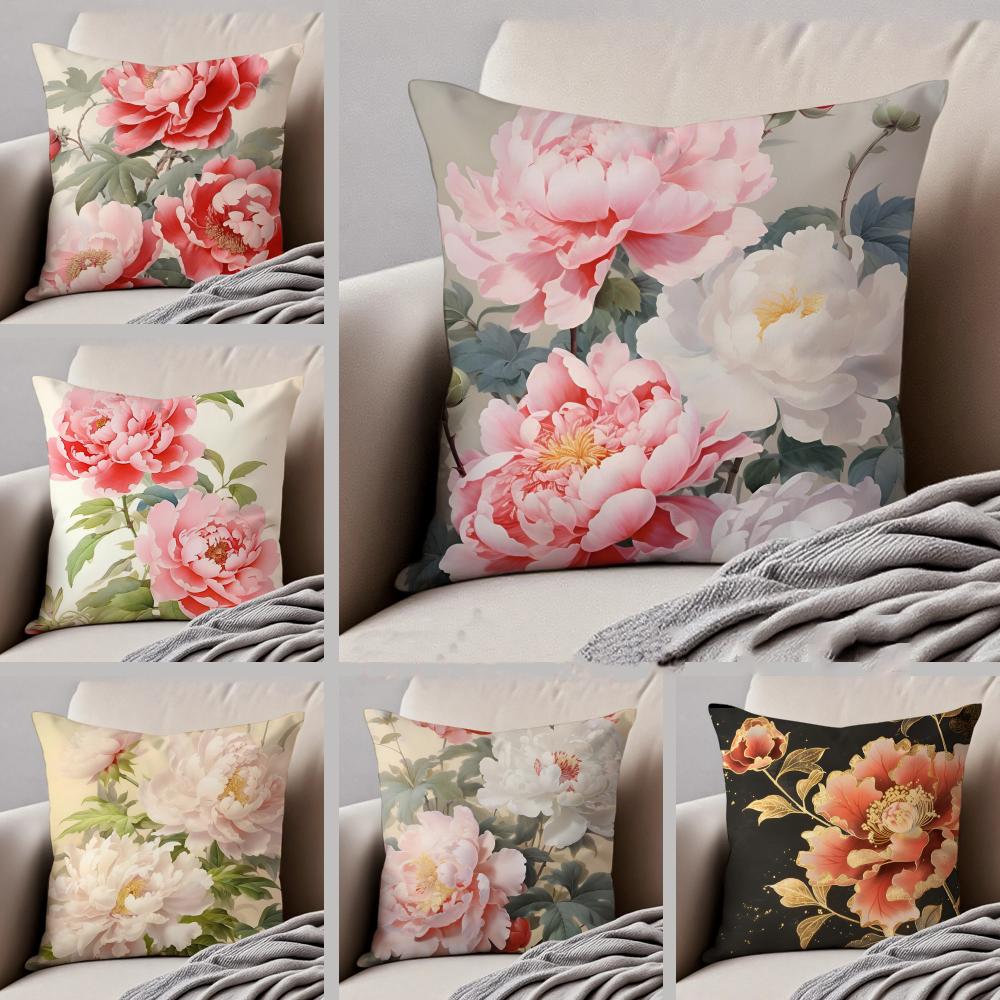 Delicate Peony Pillow Chinese Flower Decor Cushion Cover Throw Pillow Cover Hidden Button Durable Polyester Chair Cushion