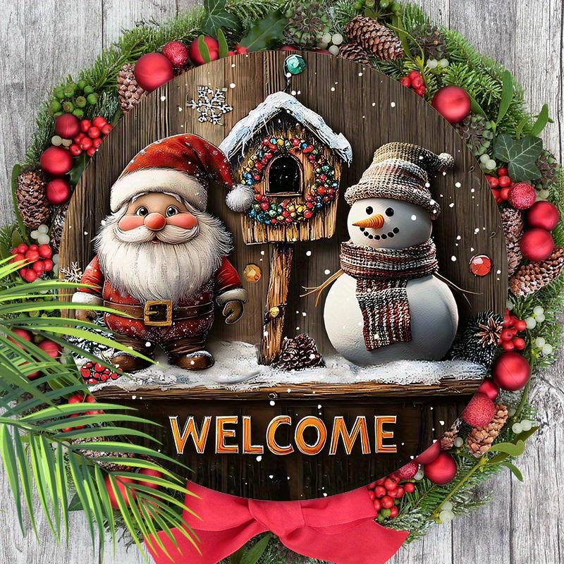 Christmas Wooden Welcome Sign with Santa Claus & Snowman Pattern - Navidad Round Sign for Front Door, Wall Hanging Decor - Ideal Christmas Gift