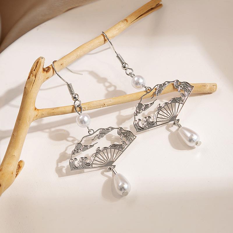 Retro Chinese Teardrop Pearl & Tassel Earrings with Auspicious Cloud Design