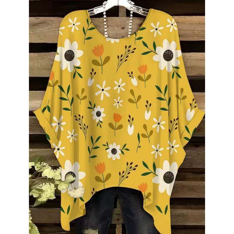 Boho Floralprint Damen T-Shirt Einfaches Vintage Unregelmäßiger Saum Rundhals T-Shirt Modische und Vielseitige Damenbekleidung