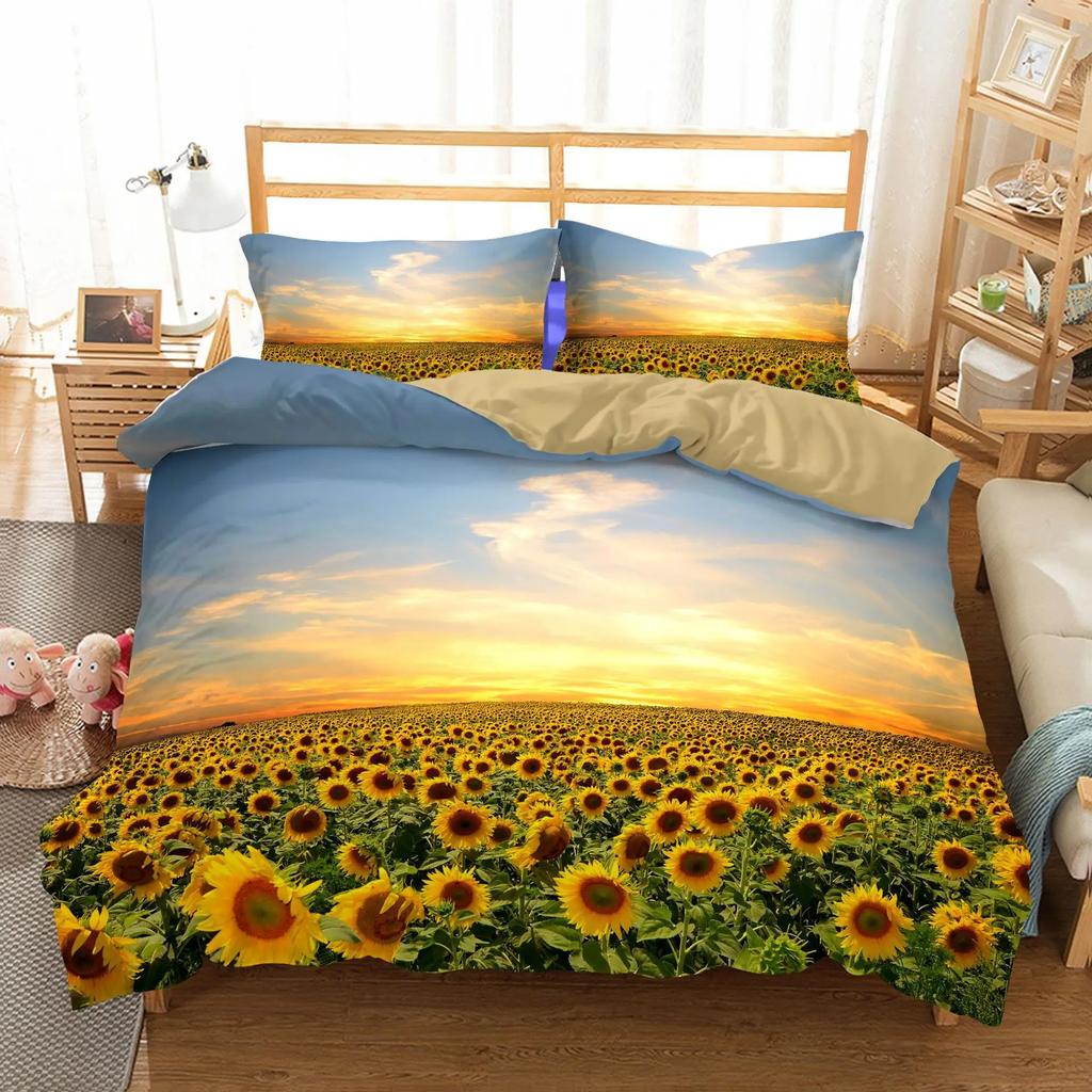 Sunflower Comforter Bedding Sets Bright-colored Yellow Flower Series Bedroom Sets Housse De Couette 220x240 Duvet Cover Set New