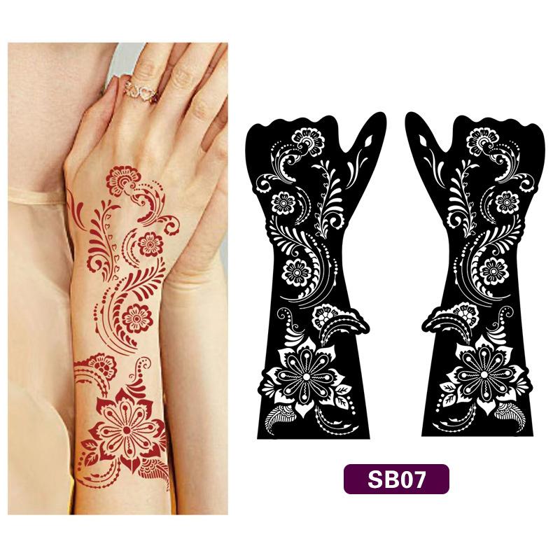 

1Pair Black Hand Transfer Temporary Tattoo Stickers Hand Henna Tattoo Template For Women Body Painting Flowers Tattoo Stencil