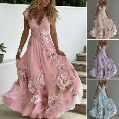 Sommerliches Maxikleid mit Blumenmuster für Damen, Kurzarm, V-Ausschnitt, A-Linie, schwingendes Kleid mit Blumenmuster, Strandkleid für den Sommerurlaub