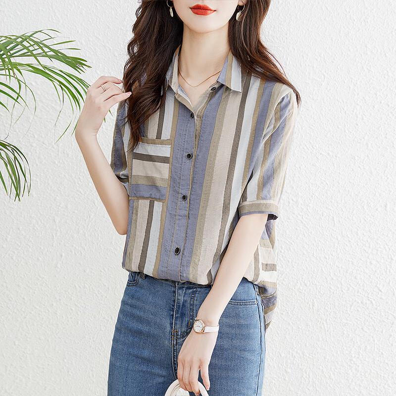 Women's Retro Striped Short-Sleeve Lapel Shirt