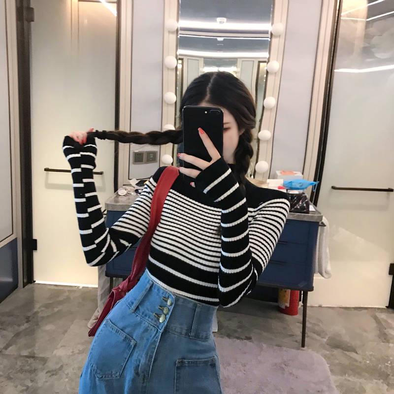 Autumn and Winter Retro Striped Sweater High Collar Pullover Head Hundred Long-sleeved Knitted Sweater Female Slim Thin Bottoming Shirt Top