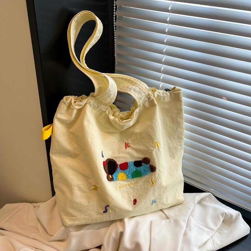 Cute Puppy Embroidered Shoulder Bag New Large-capacity Casual Versatile Portable Drawstring Large-capacity Tote Bag
