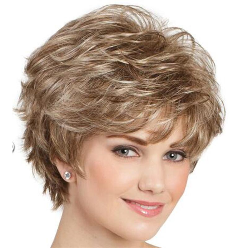 

Synthetic Blonde Wig Ombre Wig Daily Female Wigs with Bangs Natural Curly Hair Cosplay Halloween коричневий