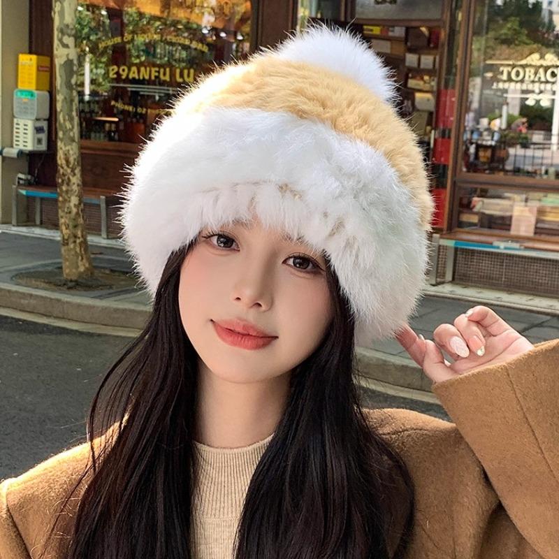 Rabbit Fur Hat Thickened Fluffy Hat Cold-proof and Warm Ear Protection Hat Plush Knitted Hat Headgear Bucket Hat Female