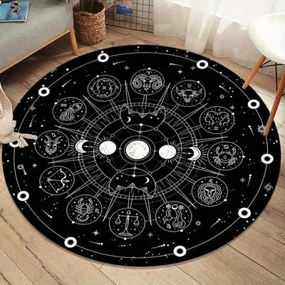 1pc Mystical Moon Phases and Zodiac Constellations Round Rug - Soft Polyester Non-Slip Floor Mat for Living Room, Bedroom