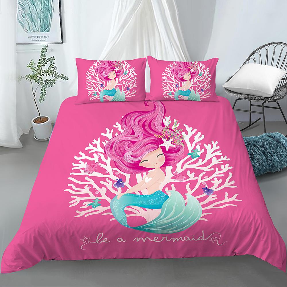 Bedding Set Girls Mermaid Duvet Cover Set With Pillowcase Cartoon Edredones Niños Girl Princess Quilt Cover Full Size Bedspread
