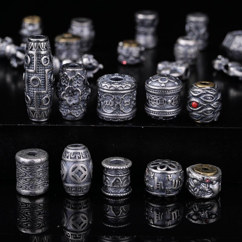 Antique-Finish Vajra Scepter Beads: Color-Preserving Silver Six-Syllable Mantra Spacer for DIY Tibetan Bracelets