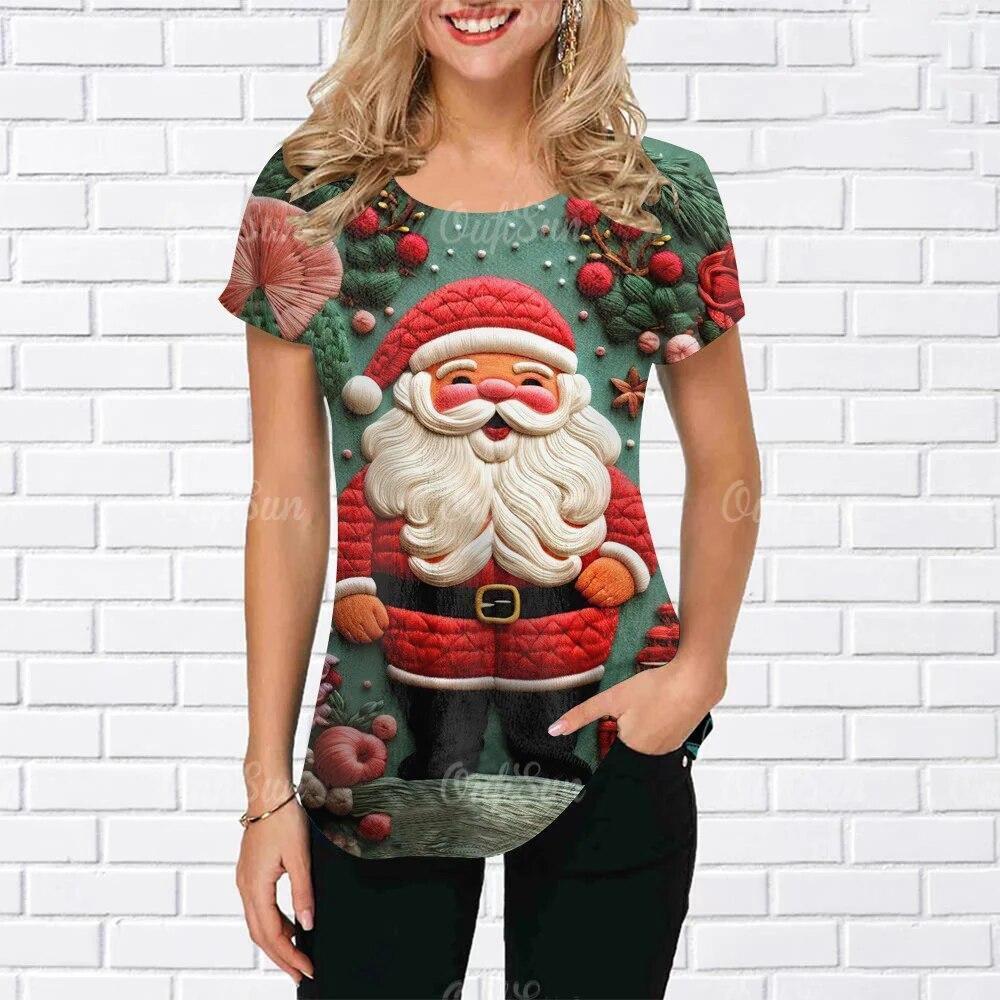 Summer Round Neck 3D Christmas Print Top Fashionable Casual Short Sleeved Women's T-shirts