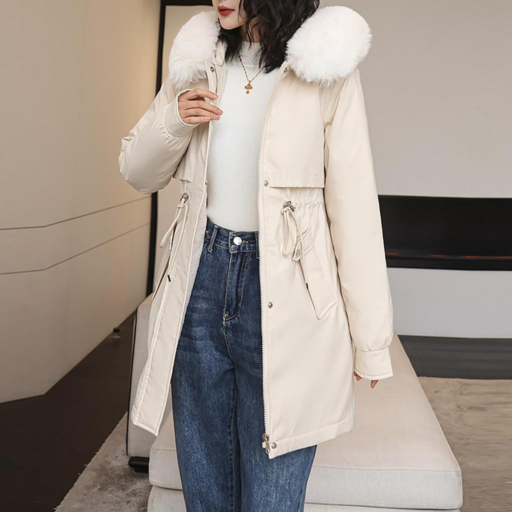 Damemote Uformell Ensfarget hette med plysj, middels lang langermet jakke med glidelåsknapp i bomull