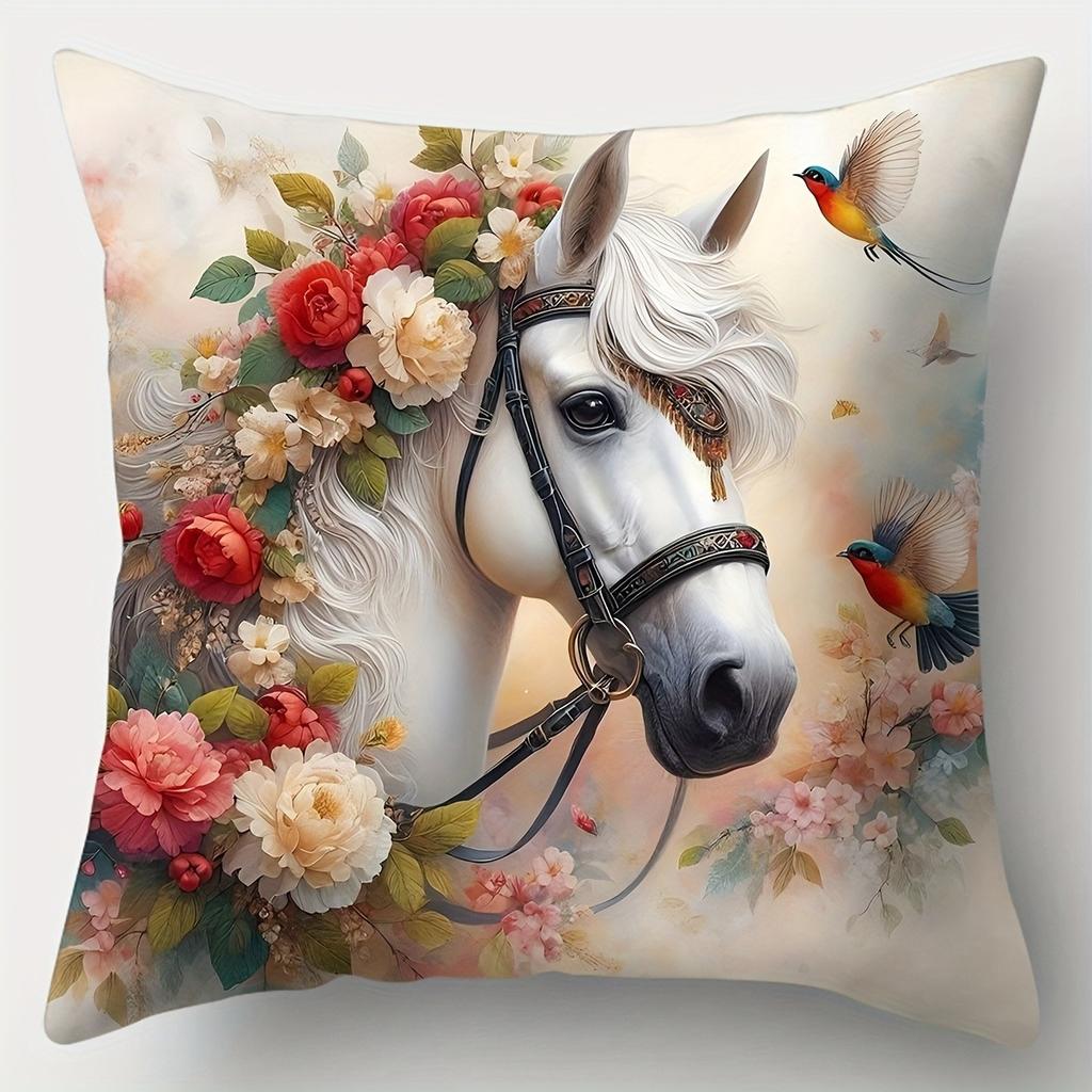 Majestic Horse - Floral Elegance Pillow CoversLiving Room Sofa Cushion Cover, Soft and Comfortable, Bedroom Room Decoration