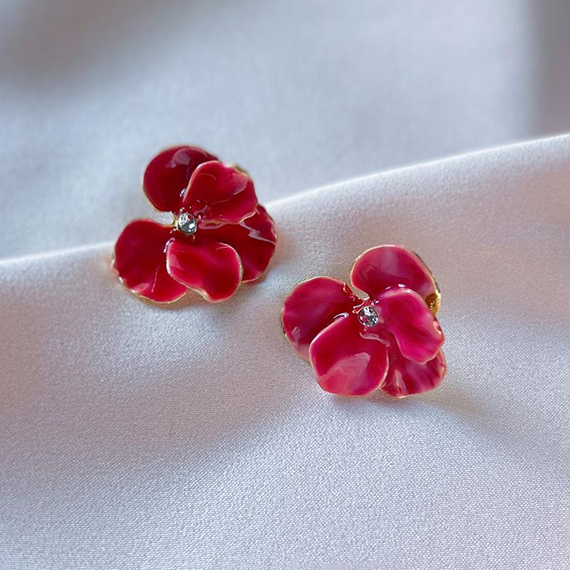 Red Blue Enamel Flower Stud Earrings for Women Five Petals Crystal Middle Korean Fashion Lovely Cute Girls Ear Decoration