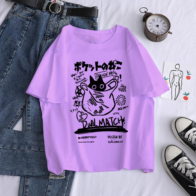 New Men Women Cartoon T-Shirts Harajuku Kawaii Cat Printed Short Sleeve Tees Couple Streetwear Clothes Y2K Tops Graphic T Shirts