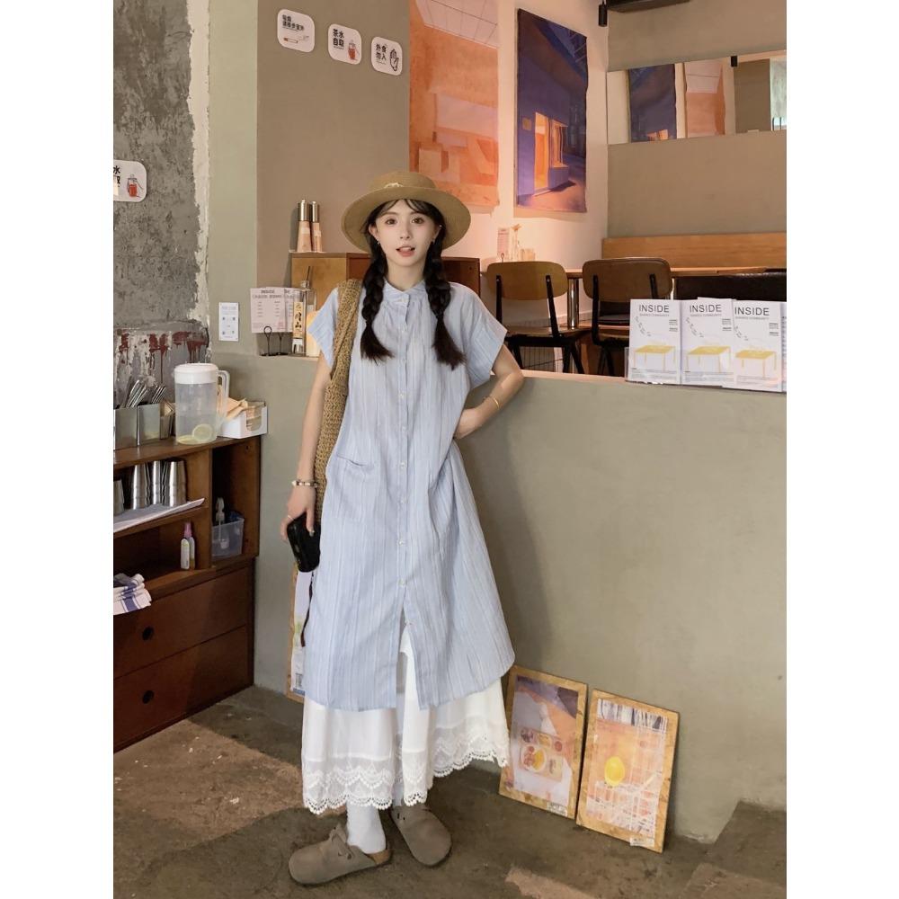 Summer Blue Shirt Dress Women's Loose Casual Gentle Style Long Skirt Two-Piece Set Layering Clothing Female Fashion