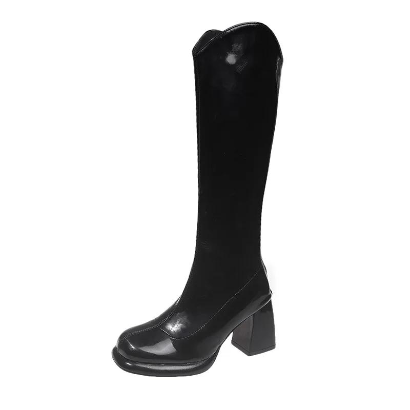 2024 Autumn-winter Patent Leather V-mouth Female Autumn-winter New High Heel and Large Tube Girt Knight Boots