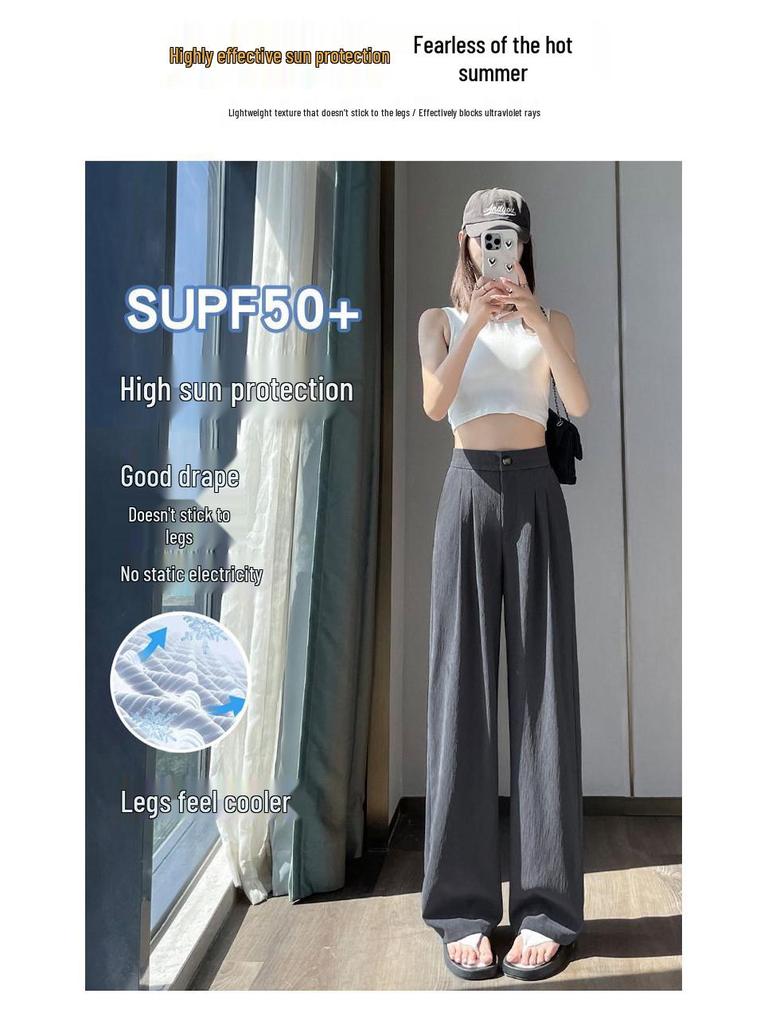 Women's Ice Silk Wide-Leg High-Waist Pants: Summer Texture, Slimming, Versatile, Casual Draped Style.