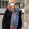 Plush Plaid Wool Scarf Rainbow Color Cape Wraps Retro Long Shawl  Student