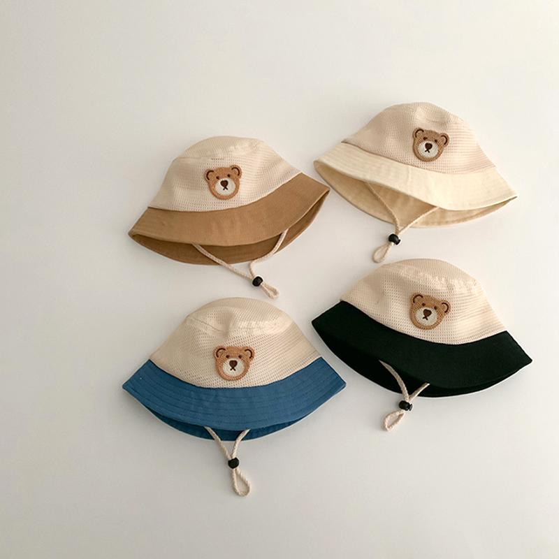Cute Cartoon Bear Baby Bucket Hat Summer Mesh Breathable Fisherman Cap for Kids Boys Girls Wide-brim Adjustable Sun Hats