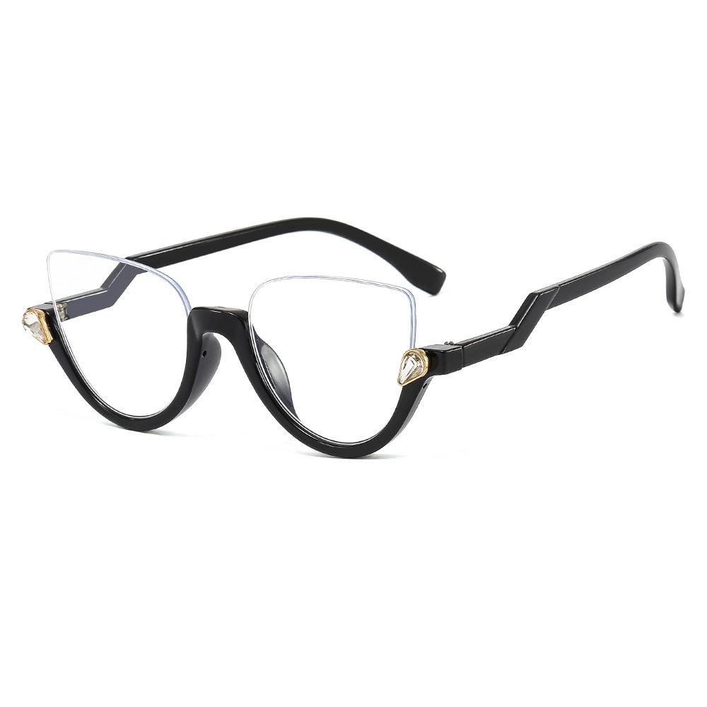 Herren Damen Trendige Halbrahmen Cat Eye Brille Modisch Leichte Freizeitbrille Diamantbesetzt Retro Flacher Spiegel