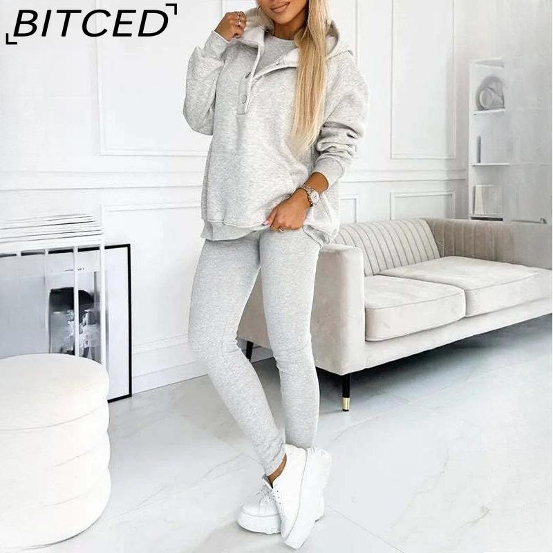 BITCED Women's Sportswear Hooded Sweatshirt with Thick Ribbed Slim-Fit Vest and Trousers Three-Piece Set