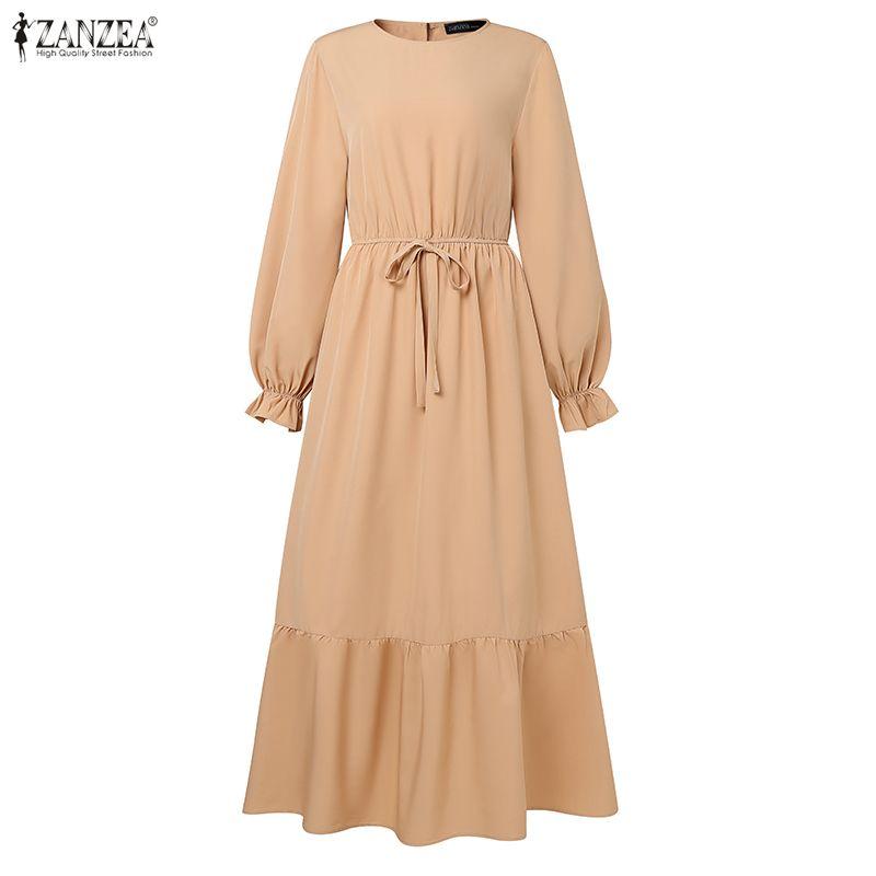ZANZEA Women Casual Round Neck Loose Long Sleeve Muslim Long Dress