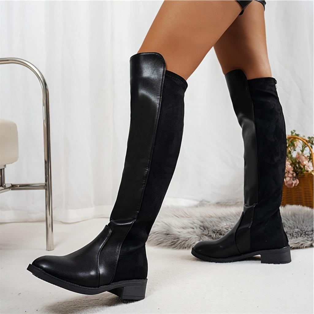 Leather Women's Knee High Boots With Thick Soles Round Toes Back Zipper Chunky Heel And Wide Calf Knee High Boots for Women Tan