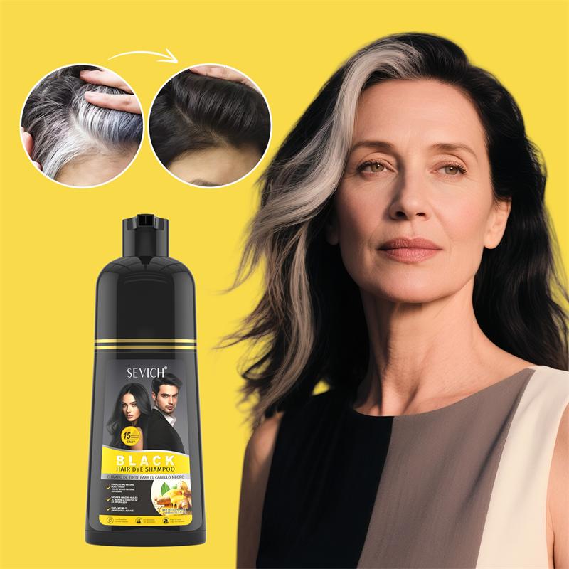 SEVICH Zencefilli 500ml Siyah Saç Boyası Şampuanı, Gri Saç Kapatıcı Anında Saç Rengi Şampuanı, Erkek Kadınlar İçin Bitkisel Siyahlaştırıcı Boyama Şampuanı