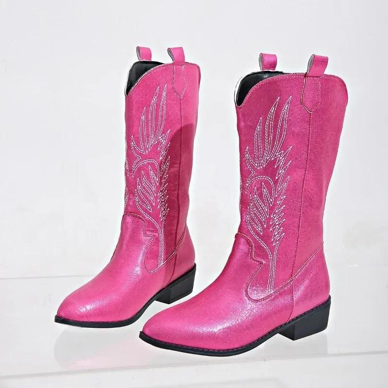 Winter Shoes Female Slip-on Women's Mid-Calf Boots Square Low Heel Casual Embroider Ladies Pink Satin Embroidery Carve Designs