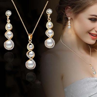 Luxuriöses Schmuckset, romantische baumelnde Ohrringe, Halskette, künstliche Perlen, modischer Charme, Hochzeit, Braut, Brautjungfer, Strass-Anhänger-Schmuck