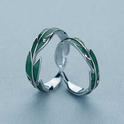 2x Sweet Simple Irregular Green Leaves Couple Ring For Women Lover Silver Open Resizable Ring Romantic Wedding Jewelry