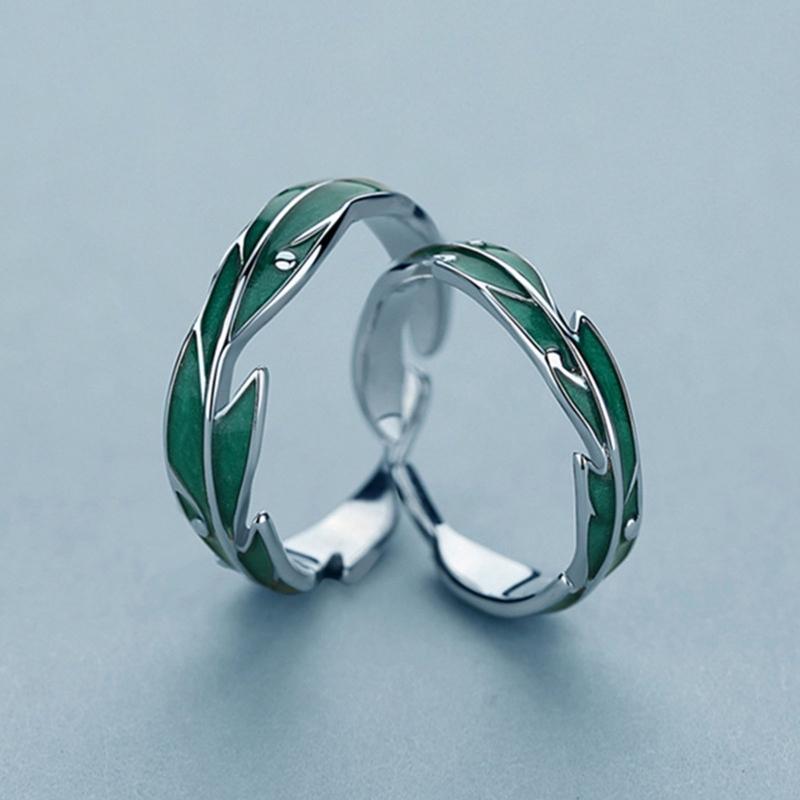 2x Sweet Simple Irregular Green Leaves Couple Ring For Women Lover Silver Open Resizable Ring Romantic Wedding Jewelry