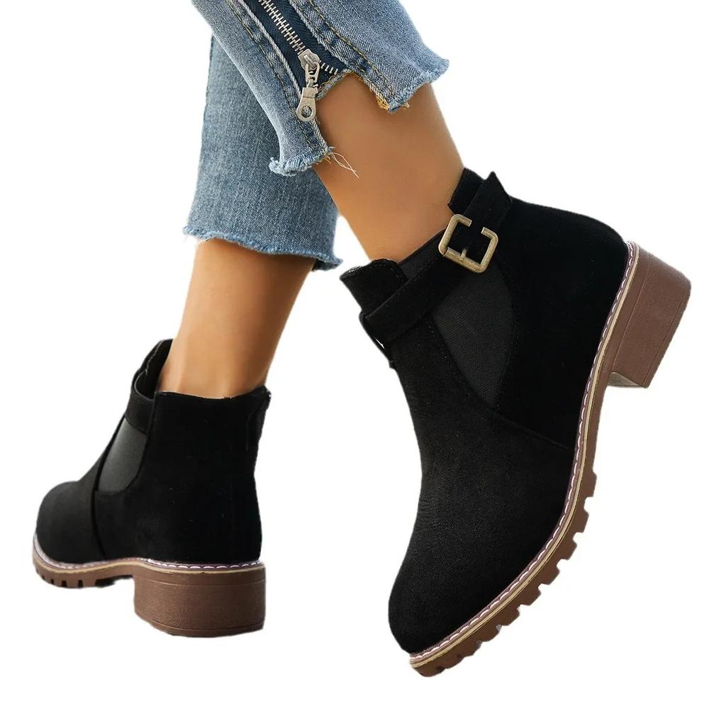 Women's Shoes 2026 High Quality Belt Buckle Women's Boots Fashion Plus Size Modern Boots Women Hot Sale Round Toe Naked Boots