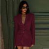 Oymimi Fashion Wine Red Two Piece Set For Women Elegant Long Sleeve Single Breasted Blazers And Slim Simple Mini Skirts Sets