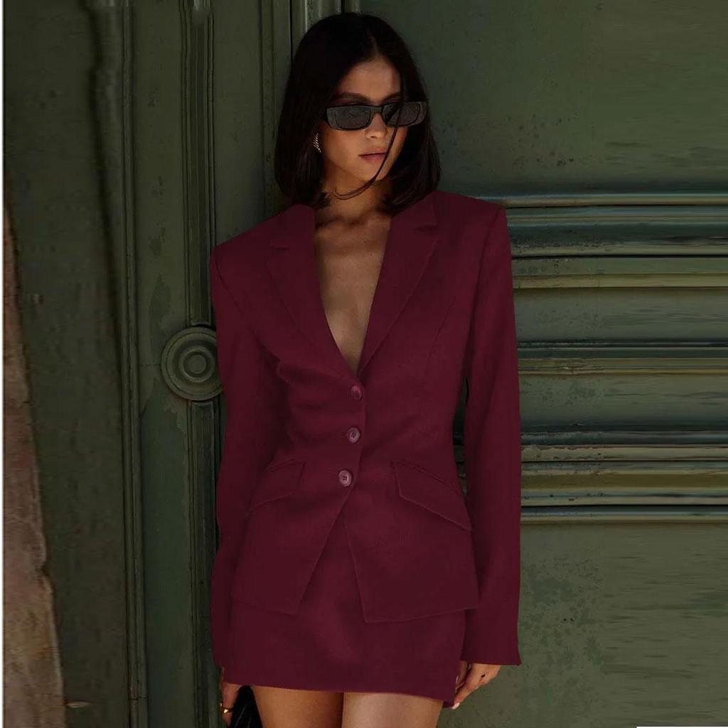 Oymimi Fashion Wine Red Two Piece Set For Women Elegant Long Sleeve Single Breasted Blazers And Slim Simple Mini Skirts Sets