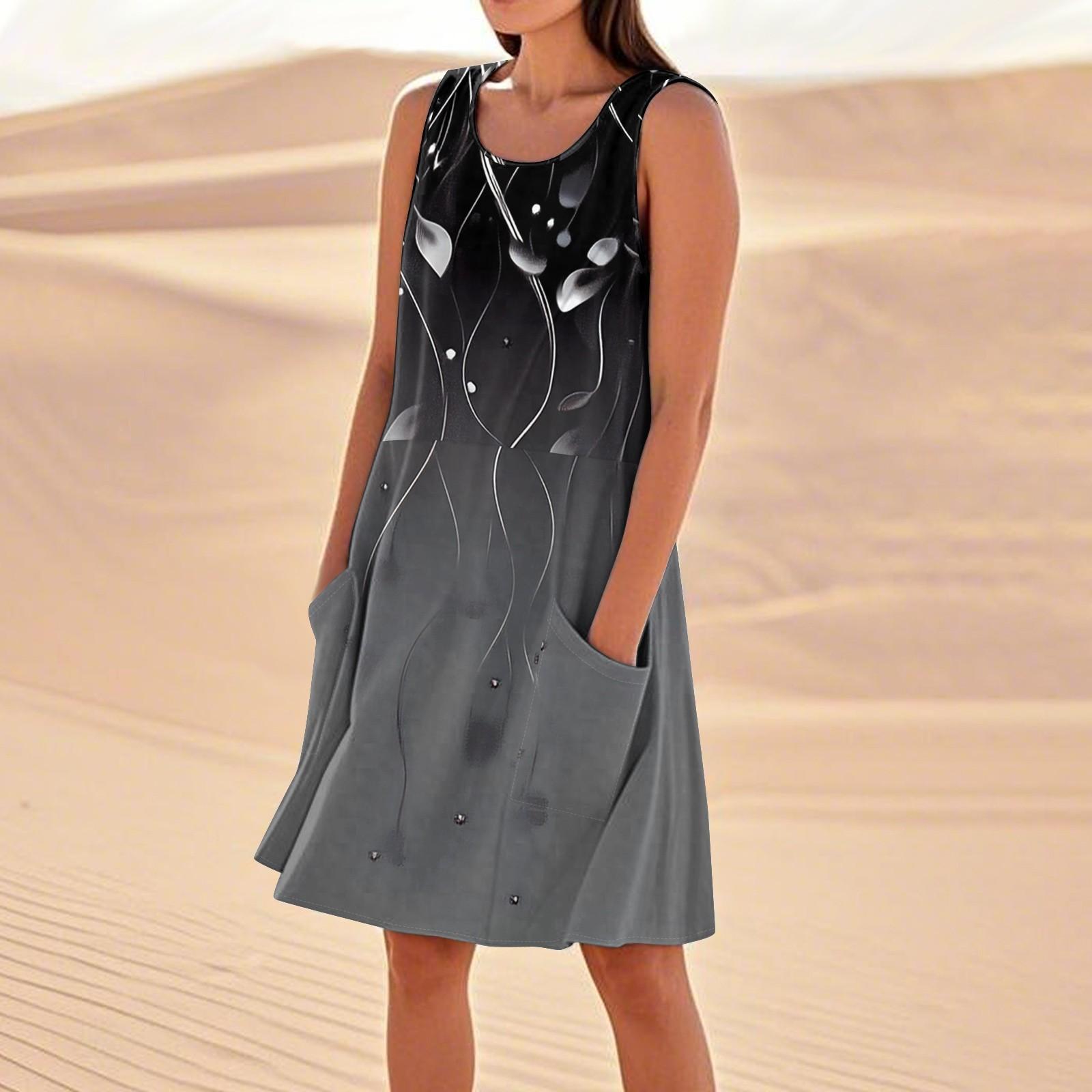 

Print Dresses For Women Loose Beach Vacation Casual Sleeveless Sundresses With Pockets Tank Dress S