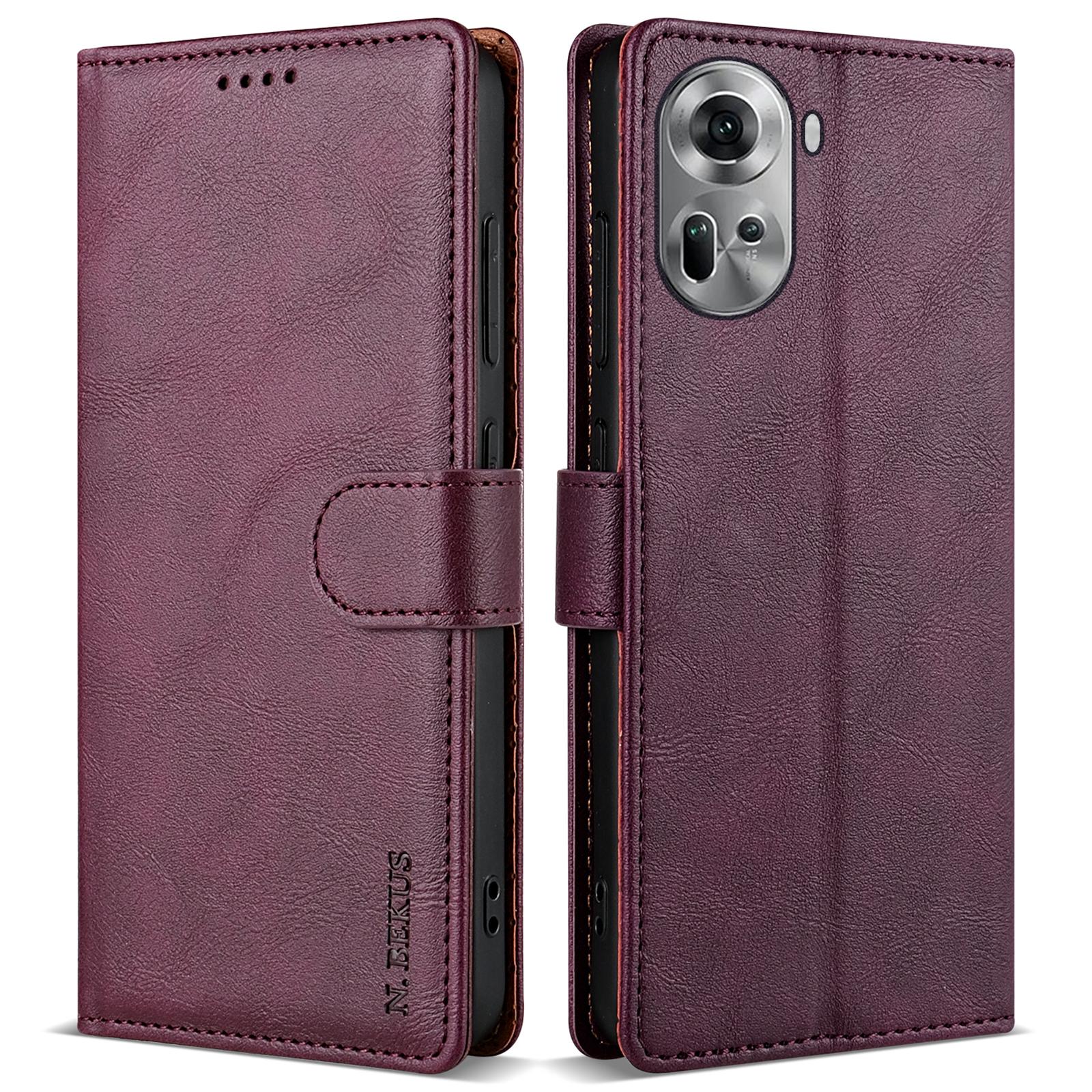 

For Oppo Reno11 5G (Global) Leather Case Solid Color Shockproof Wallet Phone Cover Wine Red