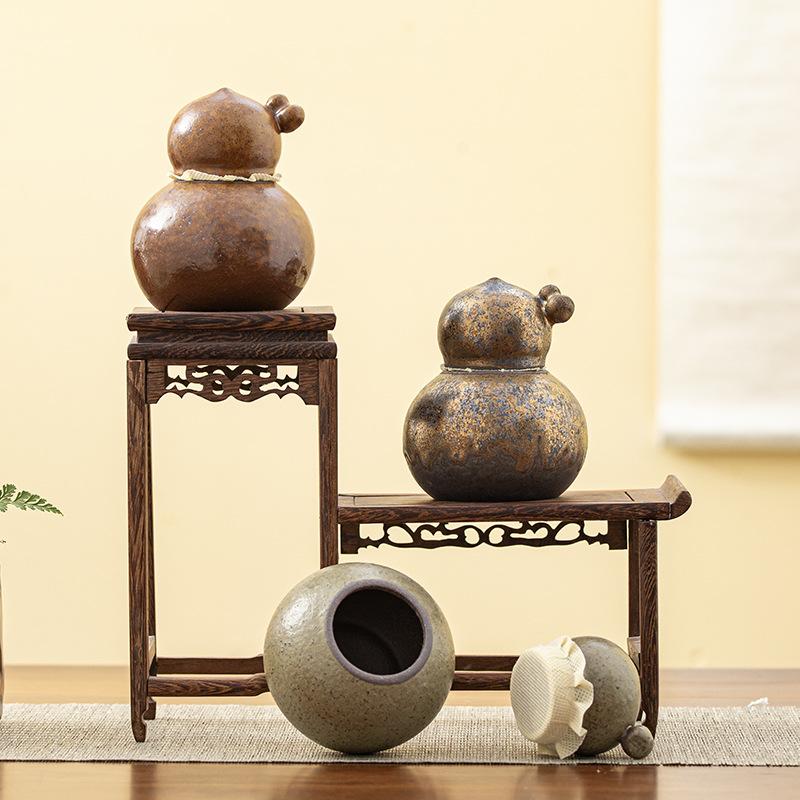 Ceramic Gourd Storage Jar Vintage Rustic Pottery Candy Jar Household Moisture-proof Container for Nuts Coffee Beans and Herbs