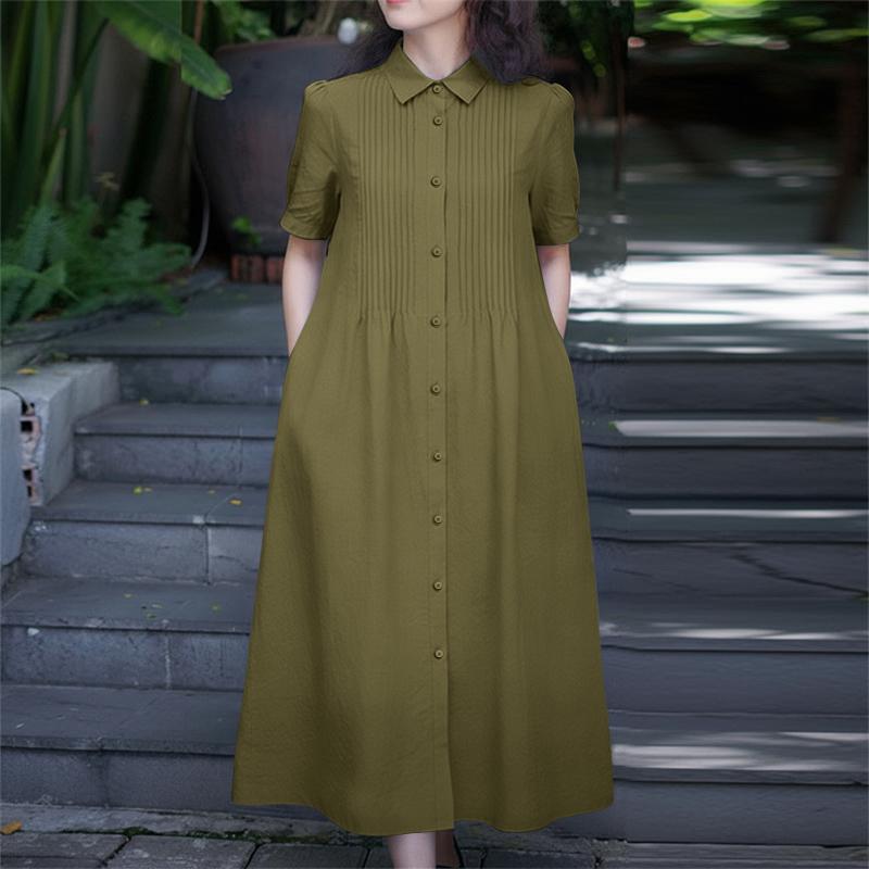 ZANZEA Vestido largo casual para mujer con cuello vuelto y manga corta