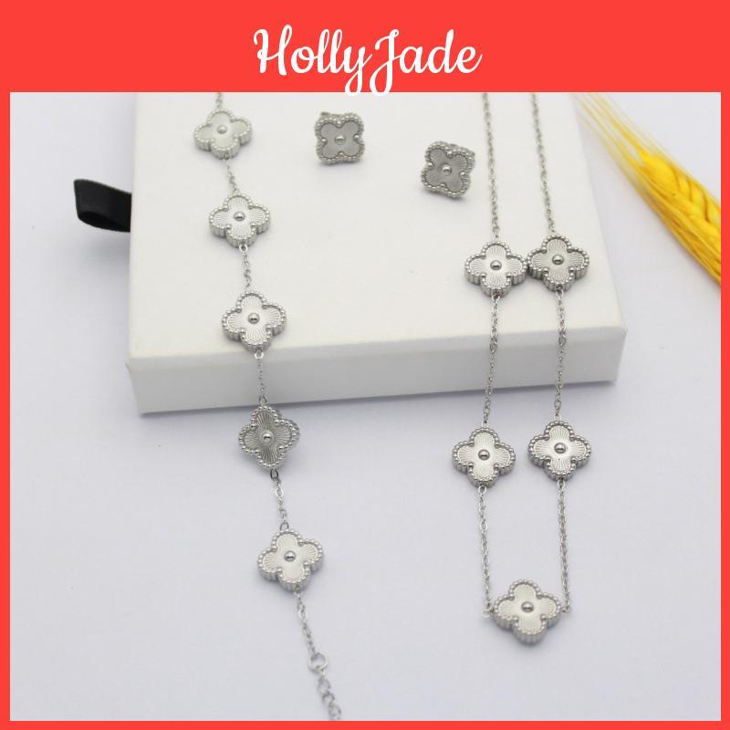 3pcs Laser Clover Fashion Versatile Bracelet Necklace Earnail Titanium Steel Set