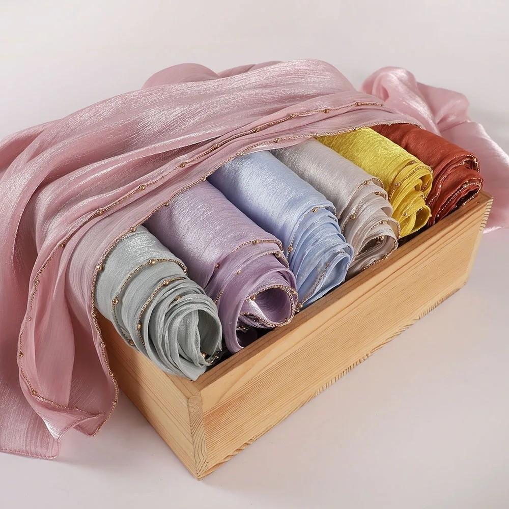 Solid Color Sunscreen Shawl Unilateral Golden Chain Chiffon Hijab Veil Ramadan Long Scarf Outdoor