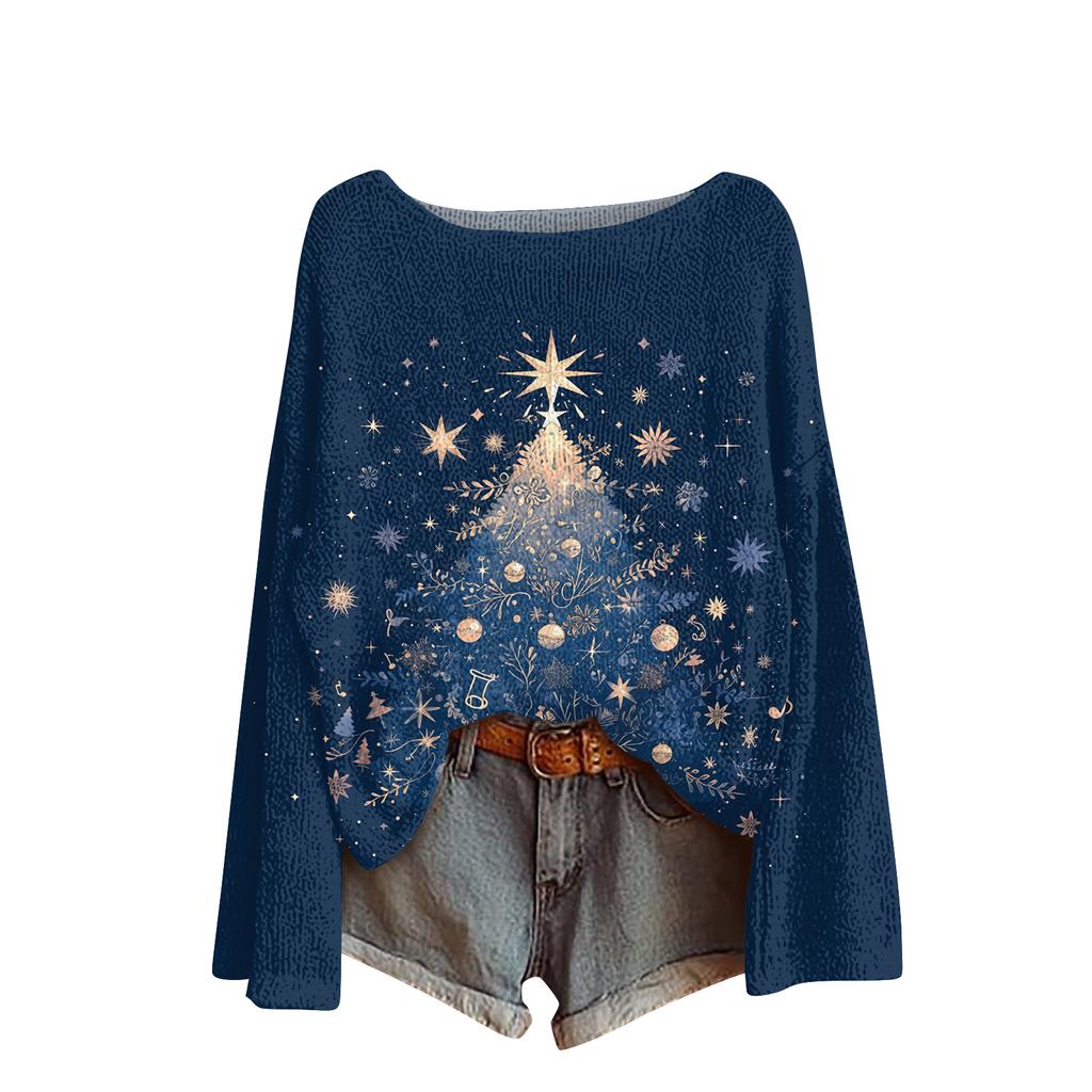 Ladies' Fashionable Casual Long Sleeved Christmas Printed Round Neck Knitted Yarn