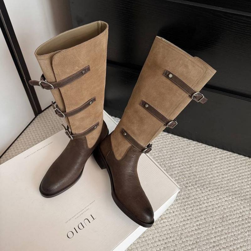 Autumn and winter women's leather tall boots solid color versatile medium heel large size women's boots rubber soft sole big tube circumference Ma