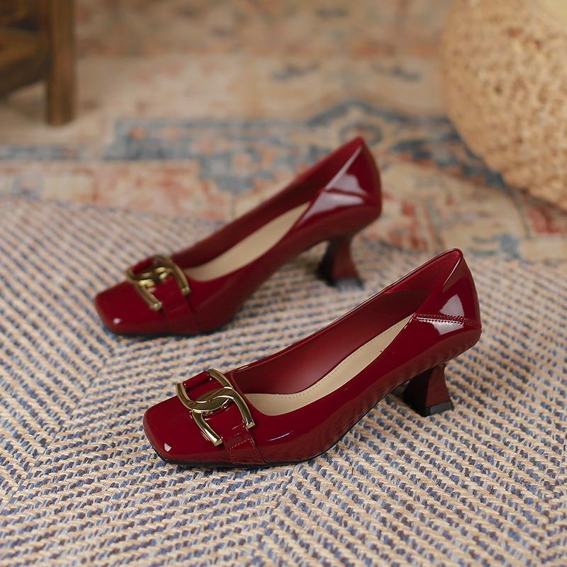 6388-5 Damen Stiletto-Absätze mit quadratischer Spitze - 2025 Herbst Französischer Stil, Bequem für Hochzeiten, Flaches Munddesign