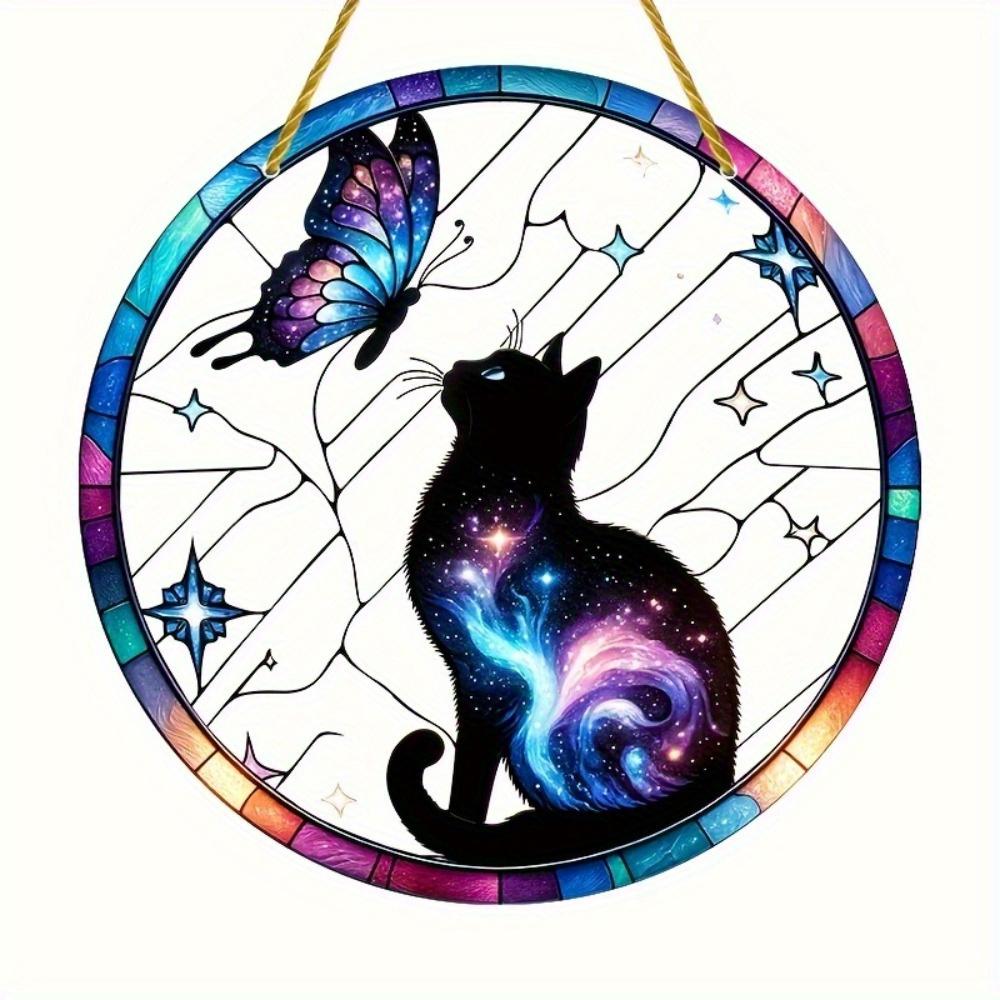 

Galaxy Cat & Butterfly Sun Catcher. Painted glass decor for garden, office, room. Ideal gift. чистый