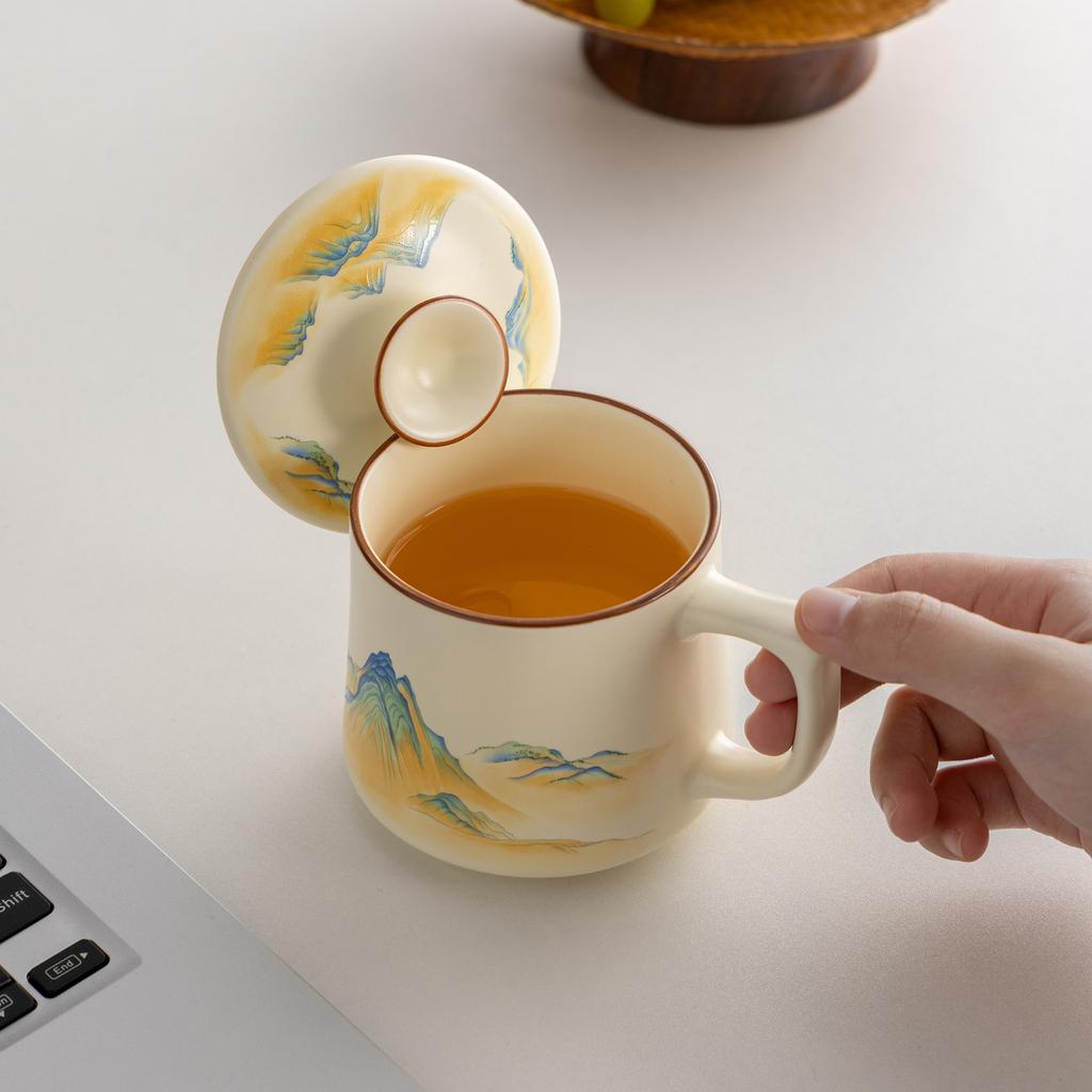 New Creative High-end Guochao Qianli Jiangshan Ru Kiln Office Cup Set, Office Tea Cup for Customers