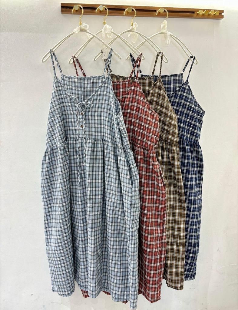 2026 Spring/Summer Mori Girl Lace-up Plaid Maxi Dress - Versatile Layered Camisole Skirt