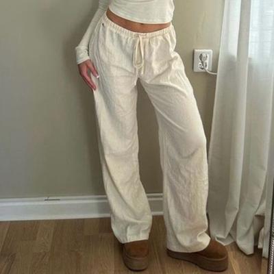 Damenhose mit niedriger Leibhöhe, weitem Bein, lässige Hose aus Baumwolle und Leinen mit Kordelzug und geradem Bein